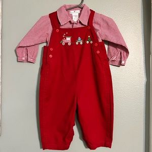 EUC Petit Ami Christmas Longall with Long Sleeve Shirt - 9 Months